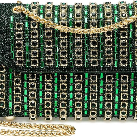 Green Crystal Evening Bag Clutch Purse Crossbody Wedding Party Elegant - Picture 1 of 8